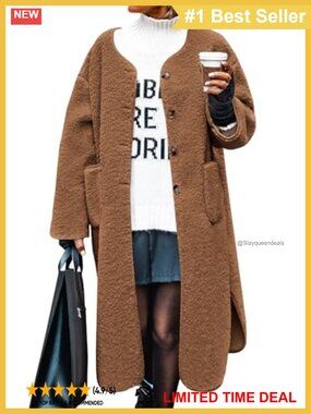 Women's Long Sherpa Fleece Teddy Coat Button Front Fuzzy Winter Jacket